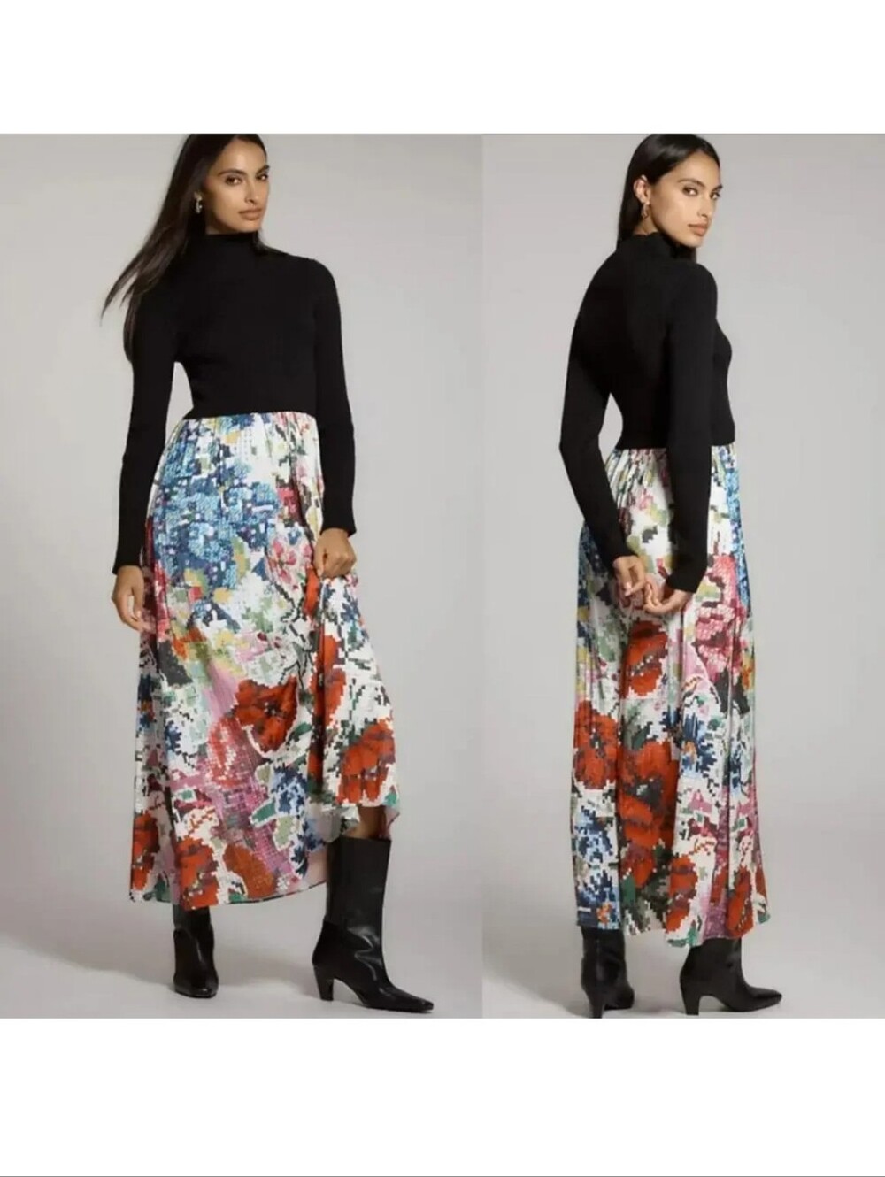Anthropologie Black Top with Multicolor Floral Pleated Maxi Skirt